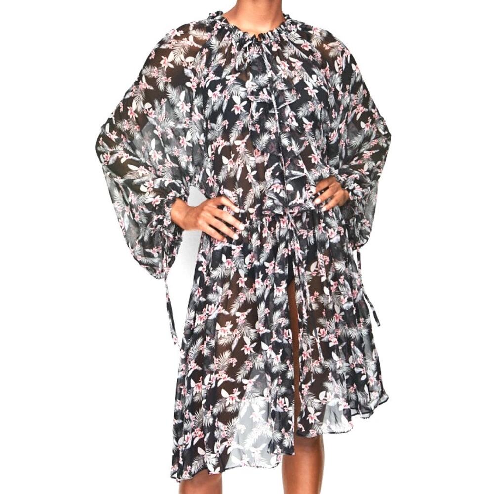 Victoria's Secret Black Chiffon Floral Ruffled Long Sleeve Robe Duster Women XS